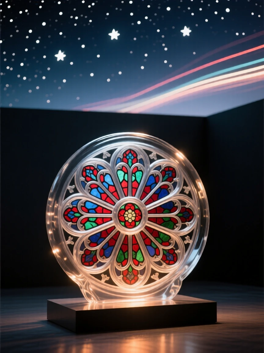 Notre-Dame's rose window illuminated from within under a starry night sky, long soft light trails in the distance, composition emphasizing scale and grandeur.