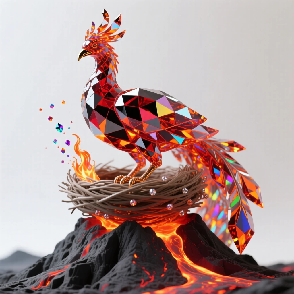 A phoenix nest built atop an active volcano, glowing embers drifting into the sky.