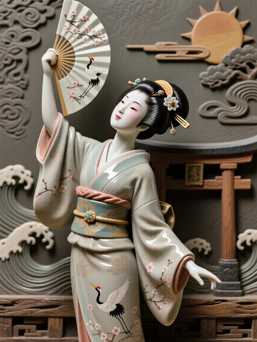 A geisha holding an open fan raising an arm in triumphant gesture, surrounded by symbols of ancient heritage, stirring a sense of timeless heritage.