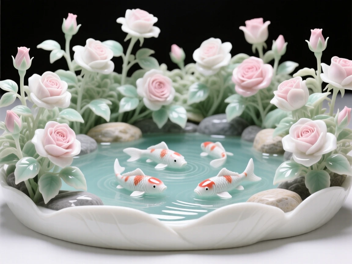A sprawling rose garden in full bloom, centered around a tranquil koi pond.