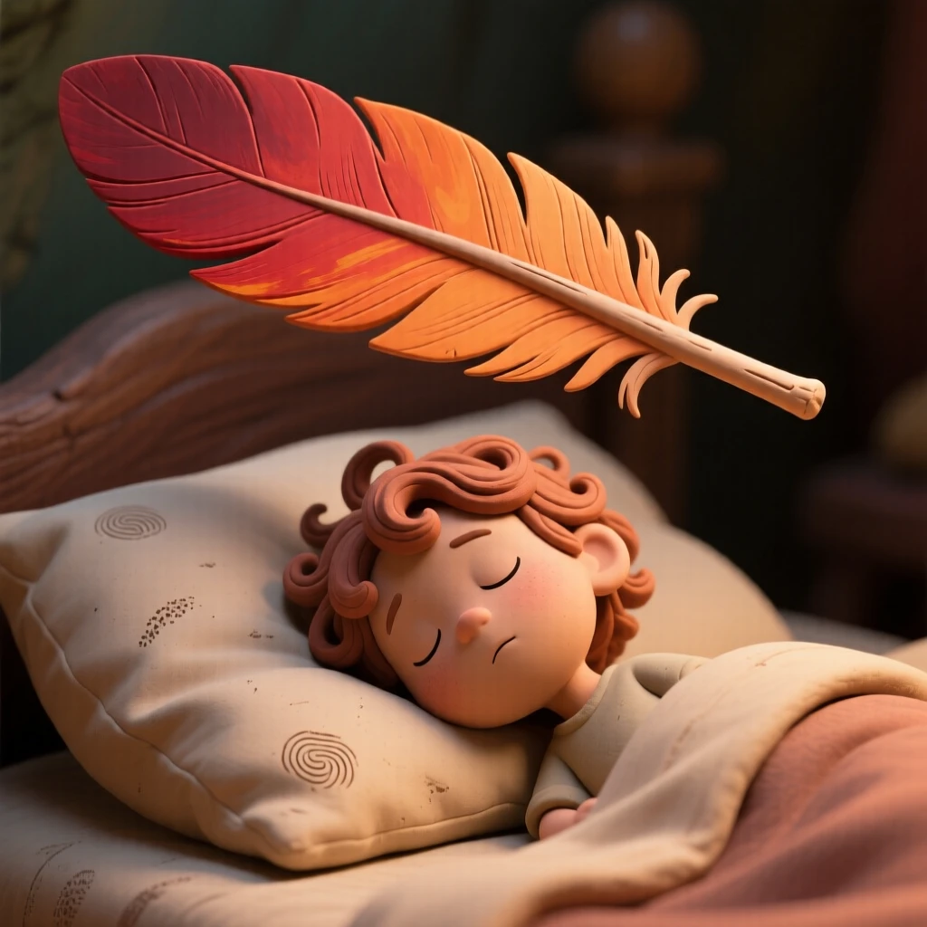 A phoenix feather drifting gently onto a sleeping child's pillow