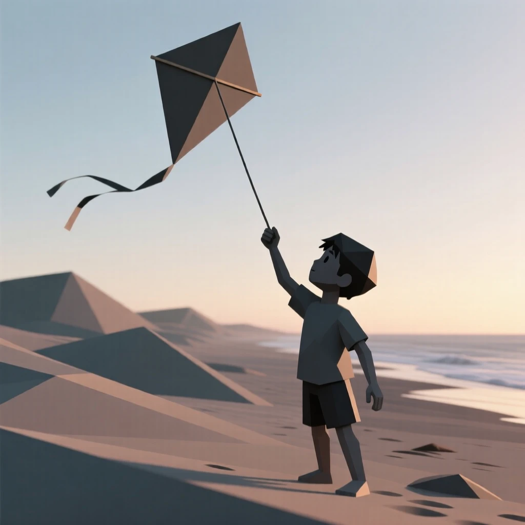 A young boy flying a kite on a windy beach, on a windswept beach at dawn. fine details in expression bring the moment to life. The moment feels full of hope and possibility.