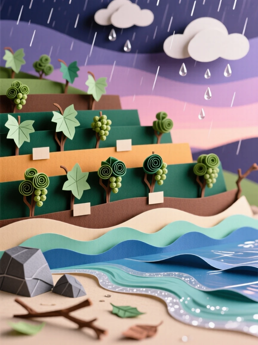 A terraced hillside vineyard at dusk just after a passing rain shower, with gentle waves lapping against the shoreline, conveying the quiet power of the natural world.