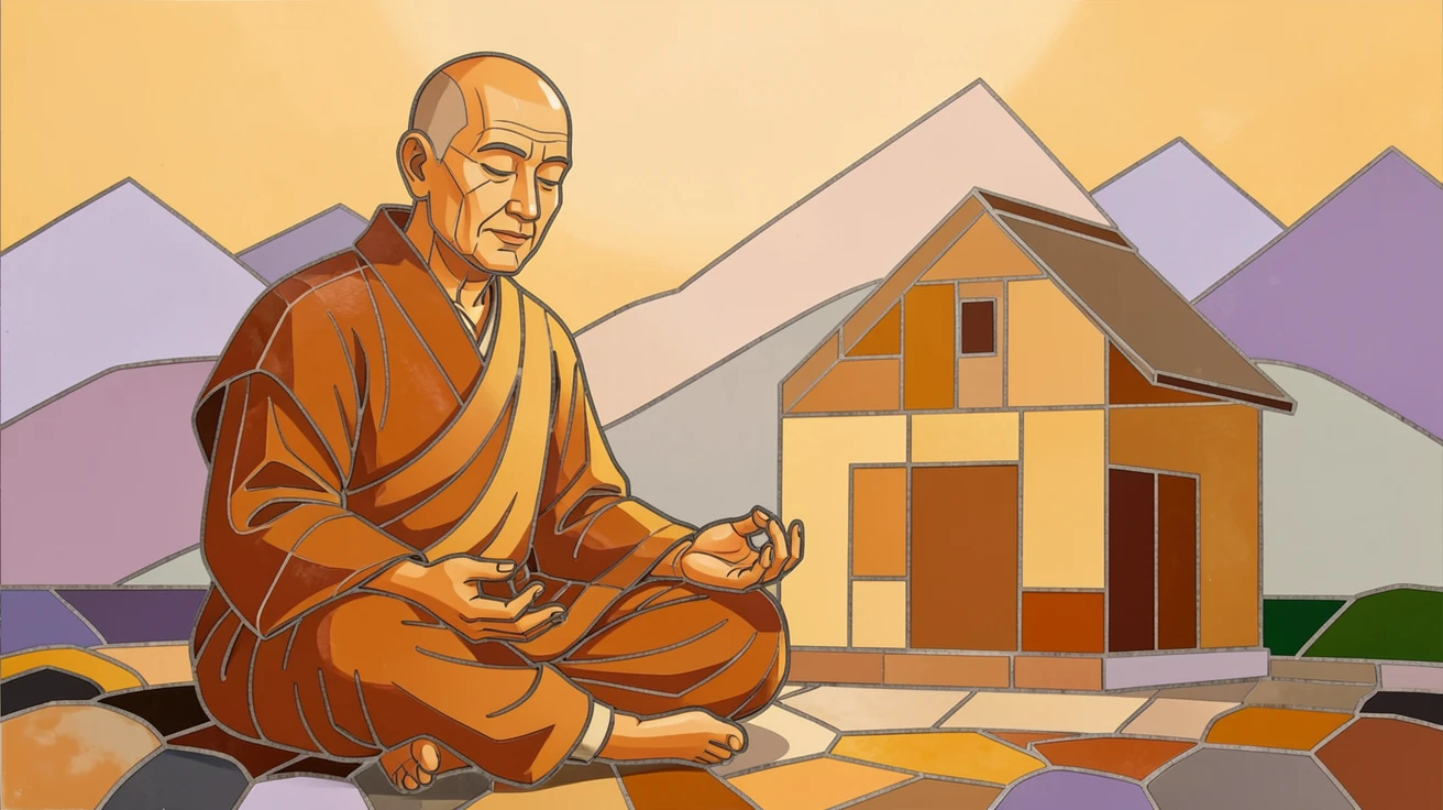 A warm, expressive portrait of a monk meditating peacefully beside a tranquil mountain temple, with soft natural lighting and rich emotional detail.