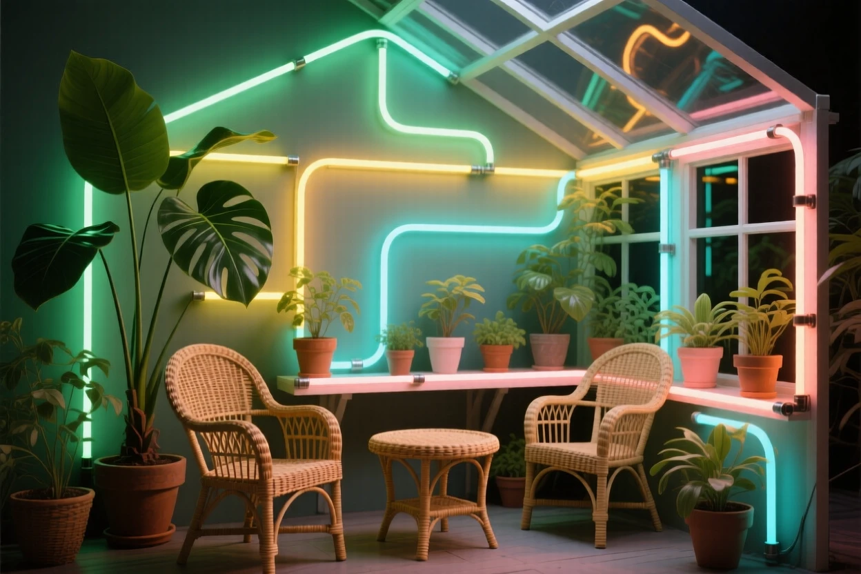A greenhouse sunroom filled with potted plants and wicker furniture.