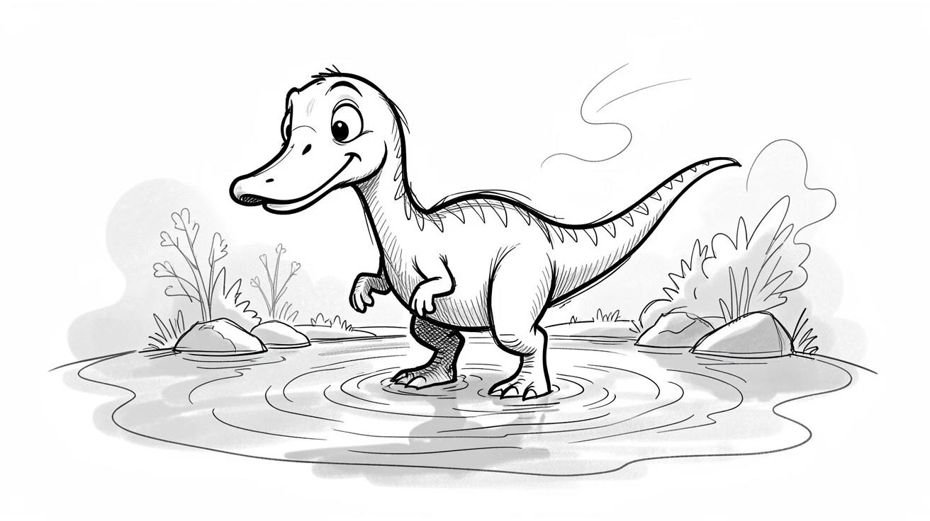 A duck-billed dinosaur wading in a lake on an island surrounded by mist.