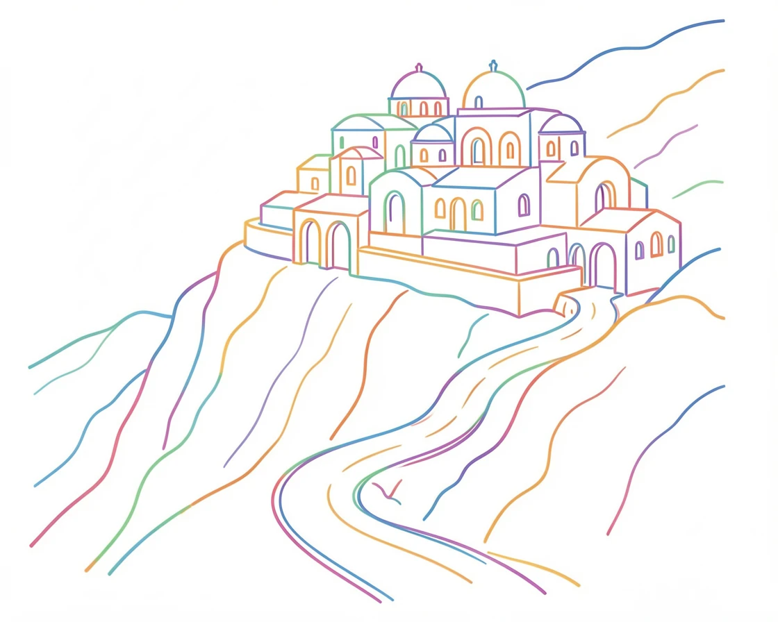 A cliffside monastery perched above a winding mountain road in Greece.