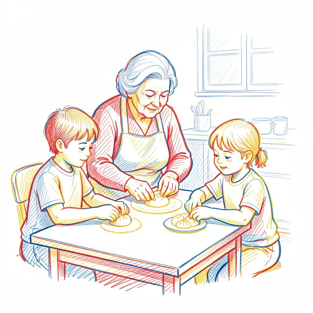 A grandmother teaching her grandchildren to make dumplings together