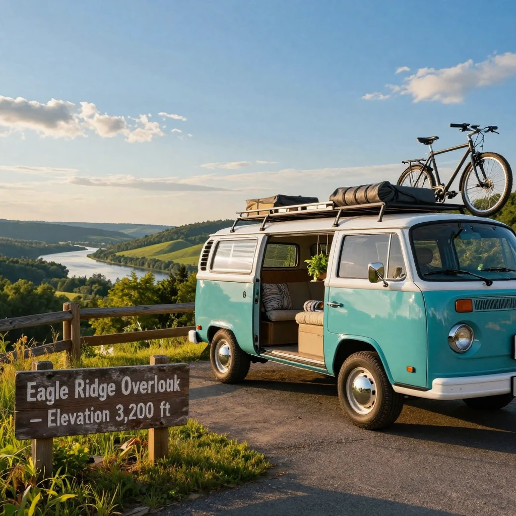 A road trip van parked beside a scenic overlook