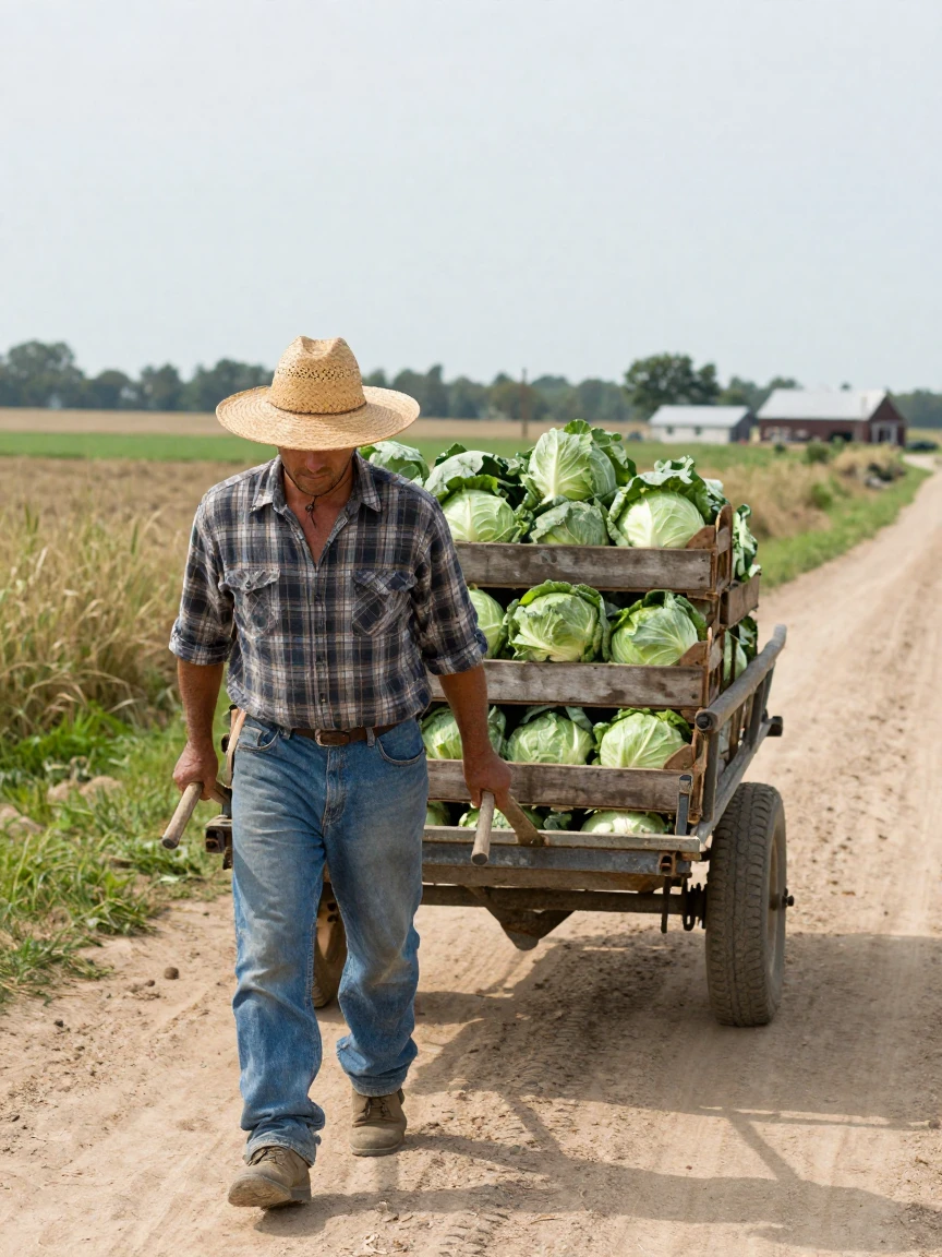 A farmer transports crates of cabbages on a three-wheeled cart down a dirt road.
