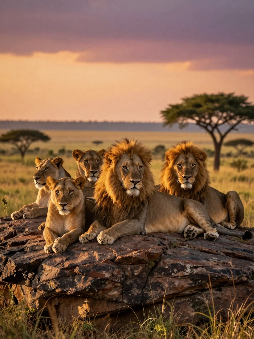 A pride of lions resting together on a rocky outcrop overlooking the African savanna
