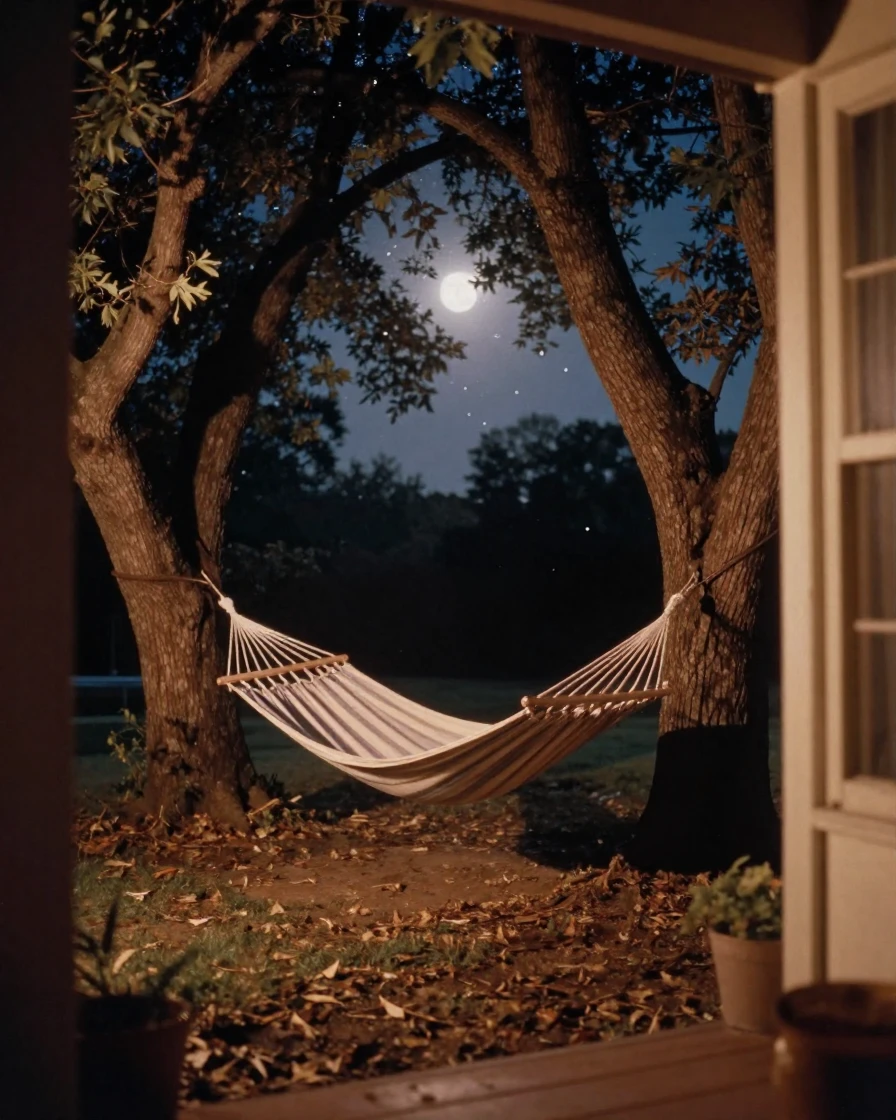 A hammock strung between two trees in a shaded backyard, under a canopy of stars, in crisp, dry air, in summer, dominated by warm amber and rust tones, viewed from across the room.