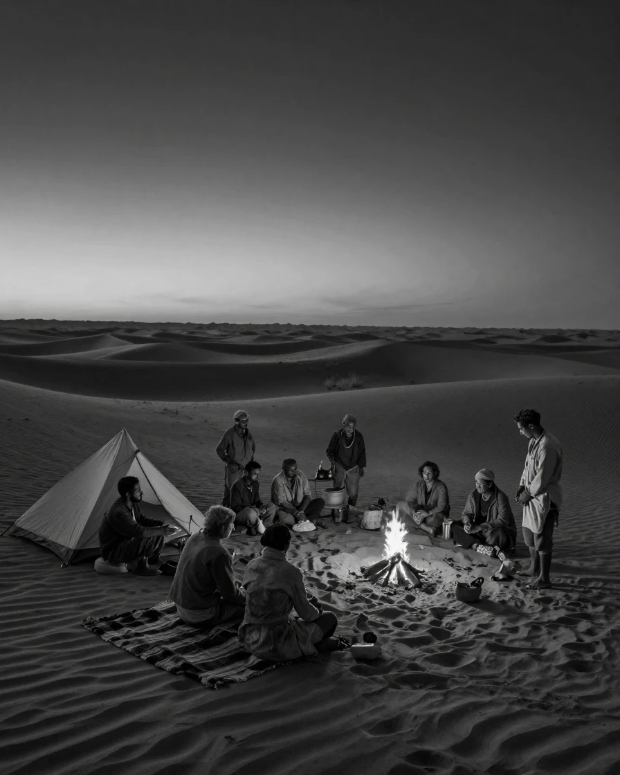 A group of nomads sets up camp beside the dunes at dusk across an endless desert landscape.
