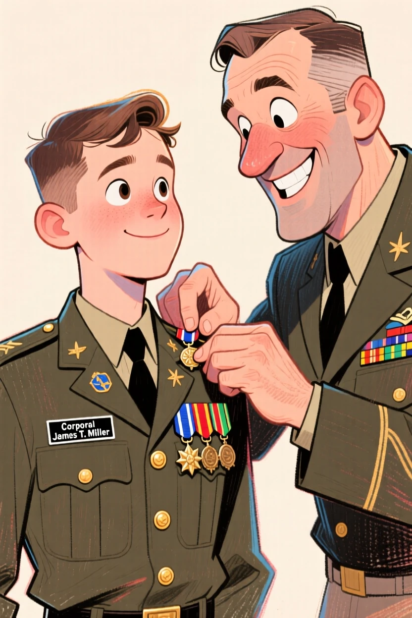 A father proudly pinning military medals onto his son's fresh uniform.
