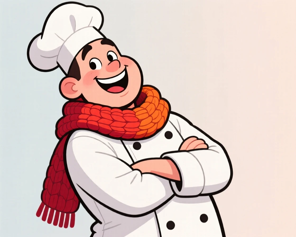 A charming portrait of a cheerful chef, leaning back with arms crossed and a confident smile, wrapped in a cozy oversized scarf.