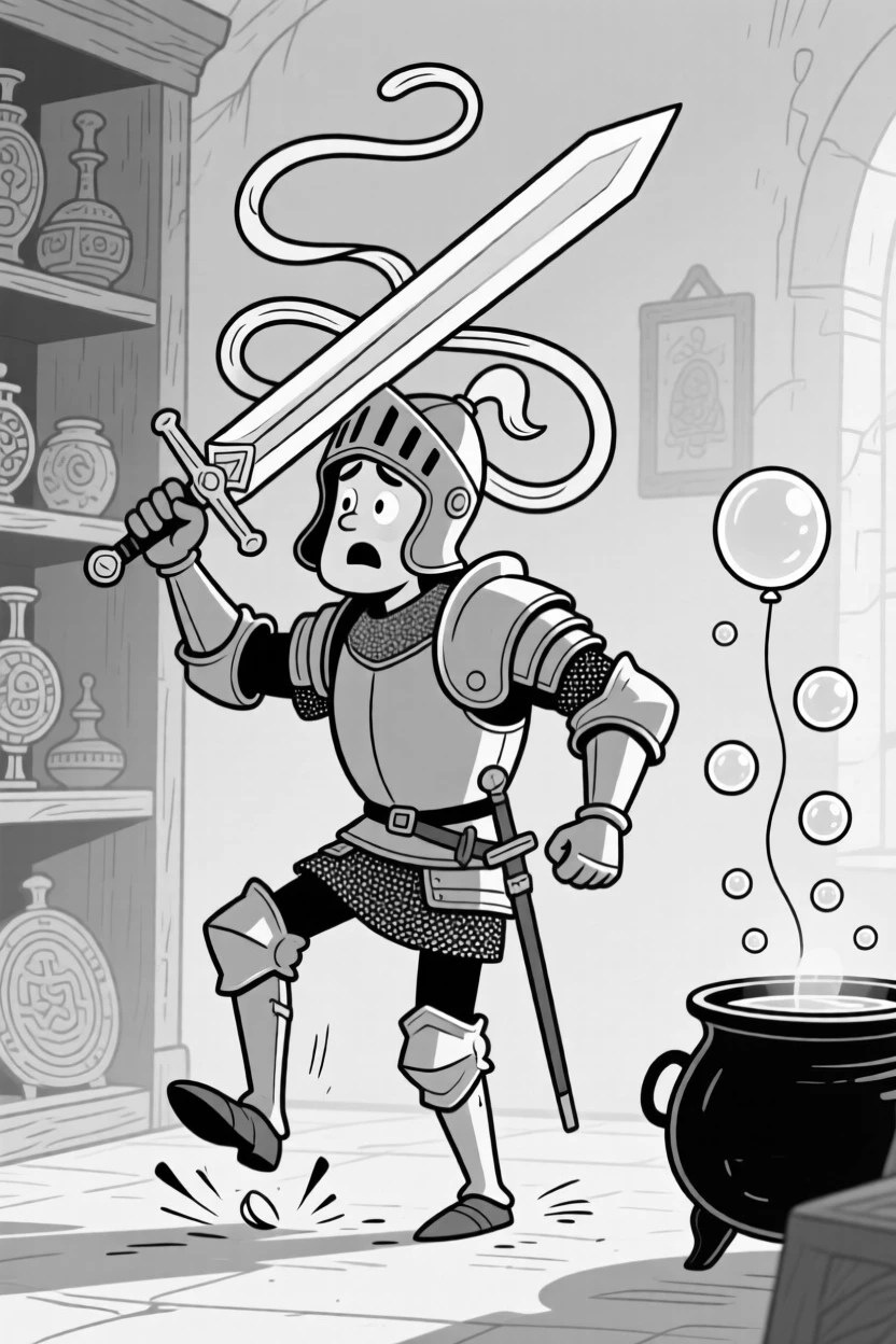 A knight tripping over his own oversized sword, flying loops around its master's head in protest, set in a dim, dusty antique shop. Bubbles from the cauldron float up like little balloons. The image invites you to imagine the tale behind the mishap.