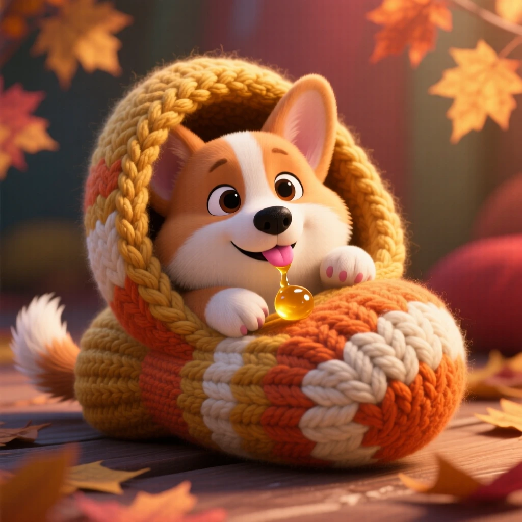 A chubby corgi is tucked inside a knitted mitten, licking a drop of honey off its nose. A quiet, comforting sweetness surrounds the scene, with warm colors filling the background.