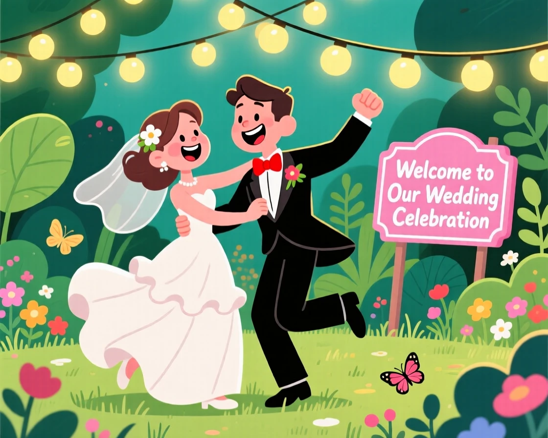A wedding couple dancing under string lights in a garden.