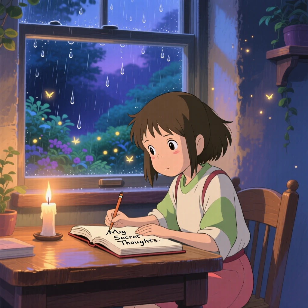 A girl writing in her diary by candlelight, soft rain pattering against the glass outside, the whole scene feeling quietly content.