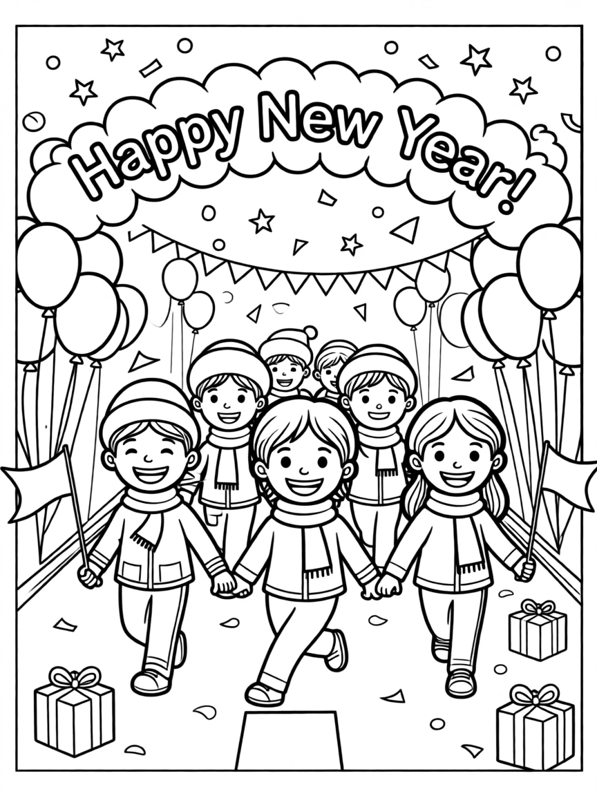 A New Year's parade with confetti falling from the sky