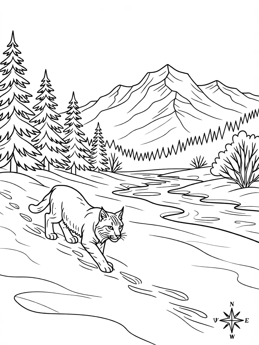 A lynx tracking a trail through fresh snow, with a distant mountain range in the background.