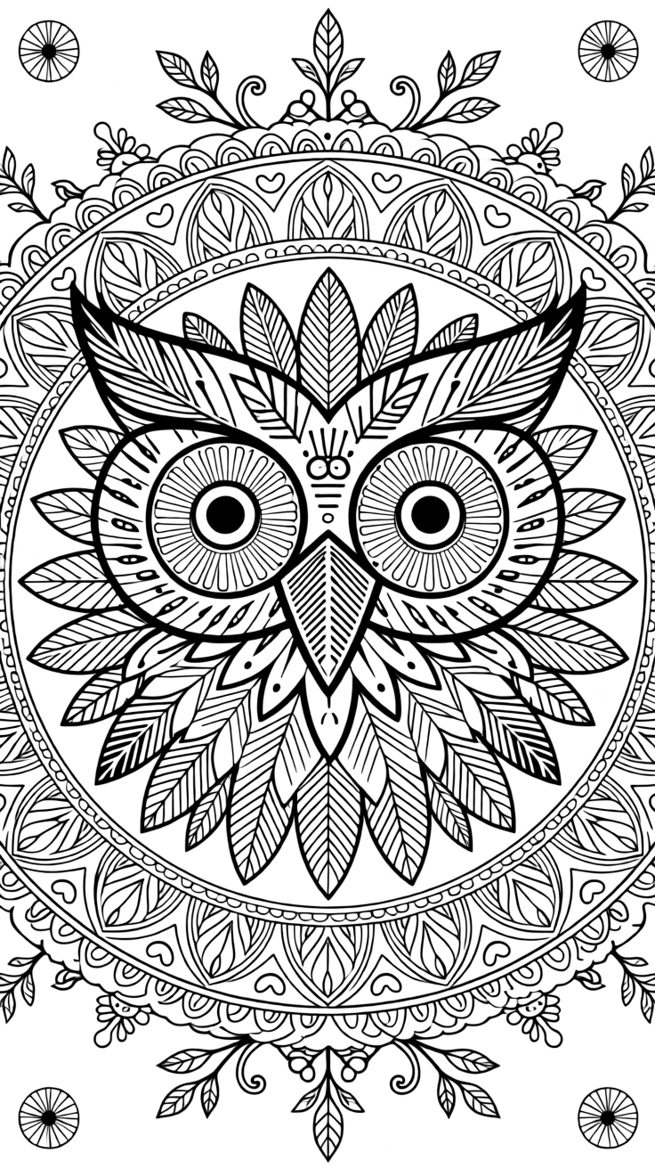 A mandala shaped like an owl's face with feather-patterned rings.