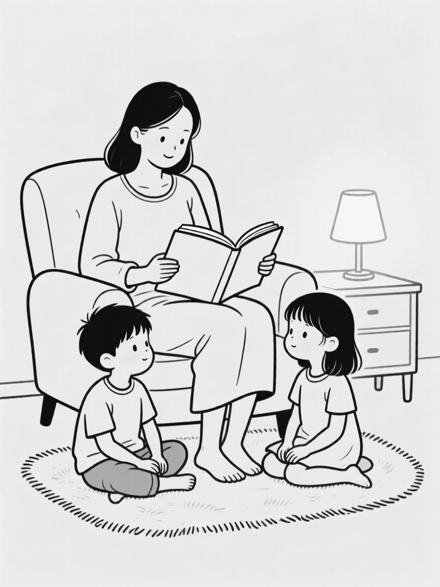 A mother reading to her children before bedtime
