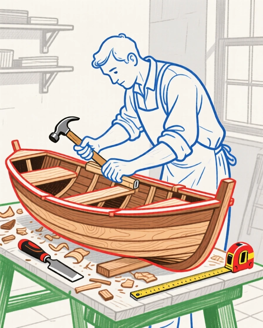 A carpenter building a small wooden boat by hand.