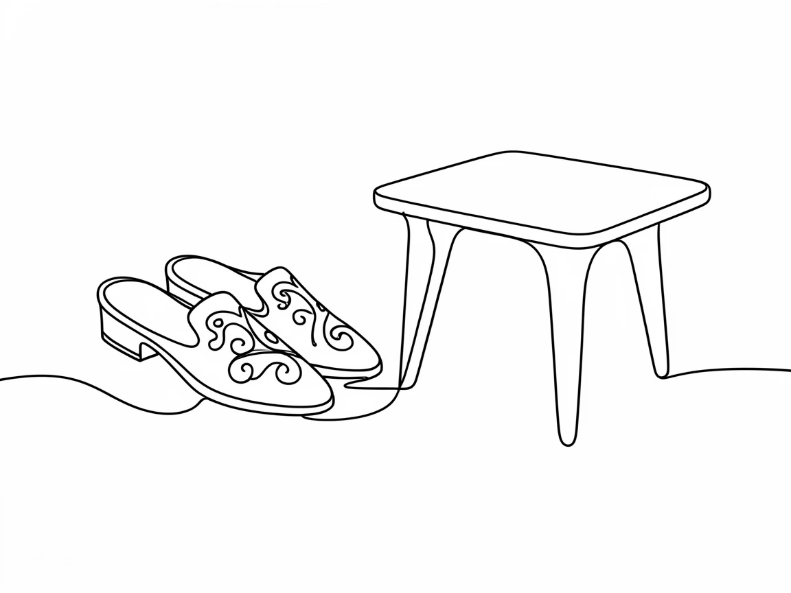 A pair of embroidered slippers set beside a low tea table