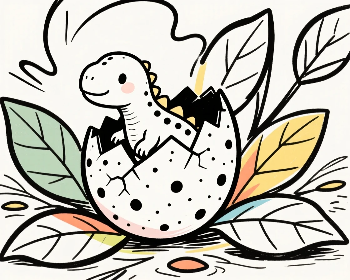 A baby dinosaur hatching from a speckled egg in a nest of leaves.