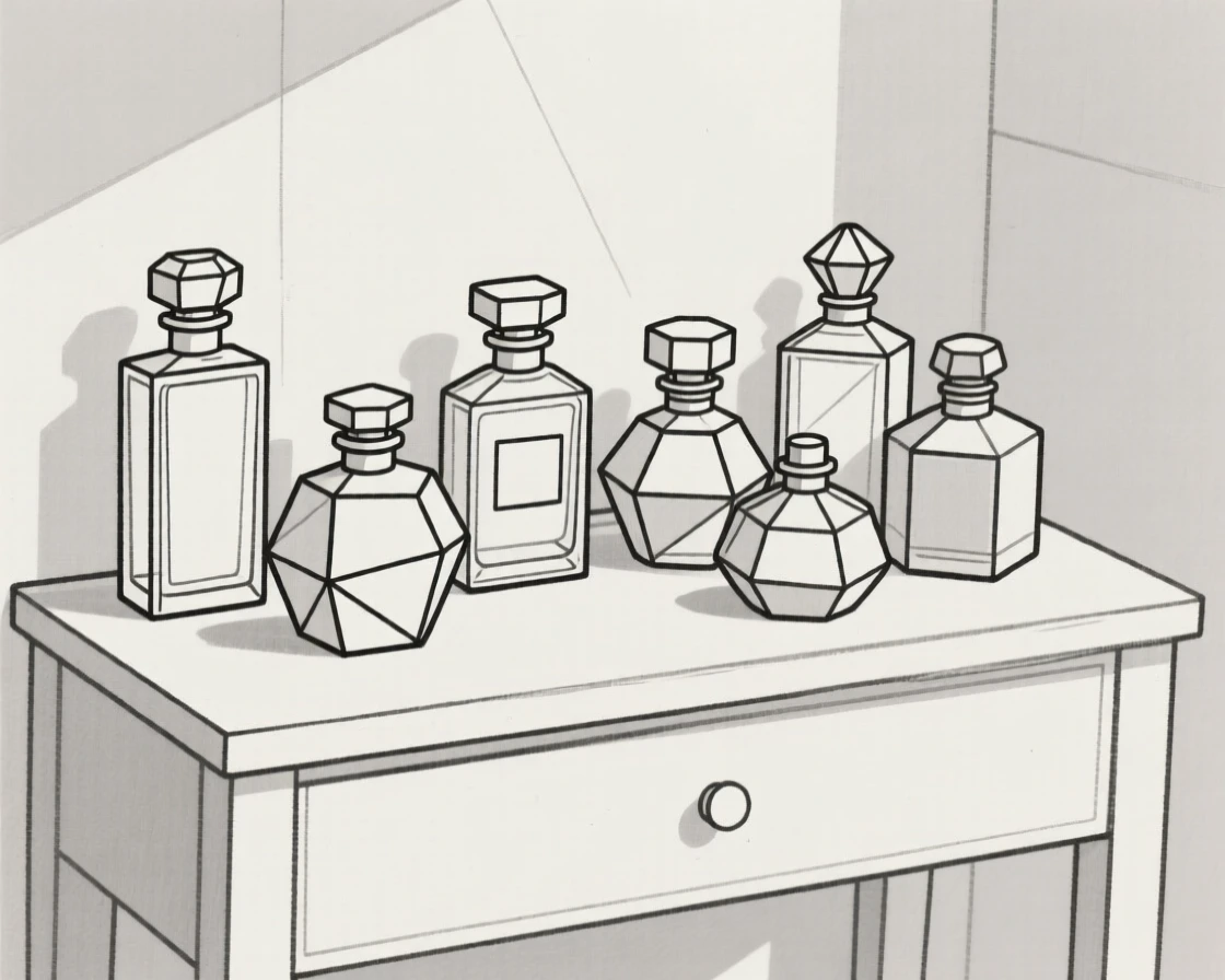 A collection of antique perfume bottles on a vanity