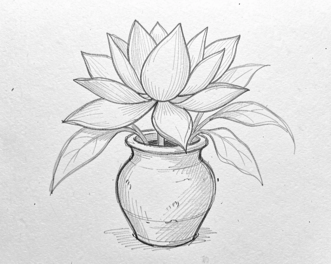 An elegant arrangement of a giant blooming lotus flower in a rustic ceramic vase, framed by delicate green leaves.