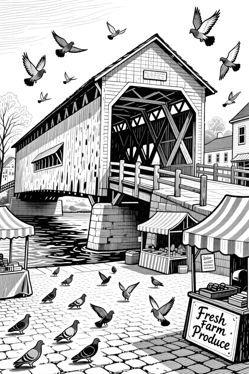 A new england covered bridge as pigeons scatter across the square, featuring market stalls tucked into the corners, rendered in a timeless and grand architectural composition.
