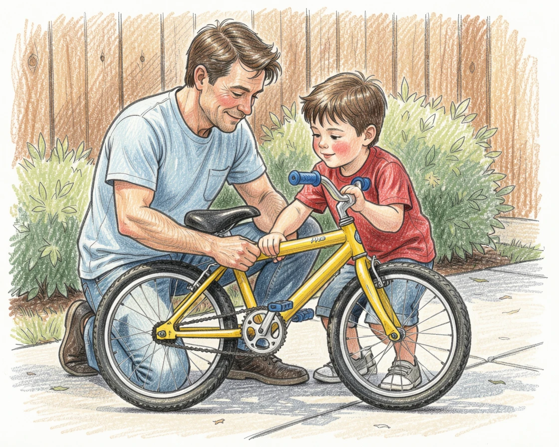 A father and son fixing a bicycle together in the driveway, with tender, candid details that feel true to life, full of tenderness, love, and quiet happiness.