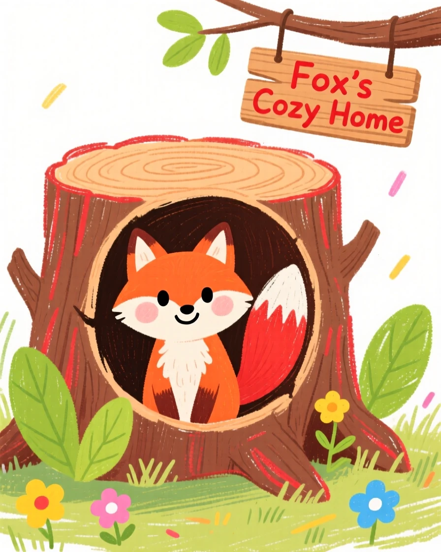 A tiny fox living inside a cozy hollow tree stump.