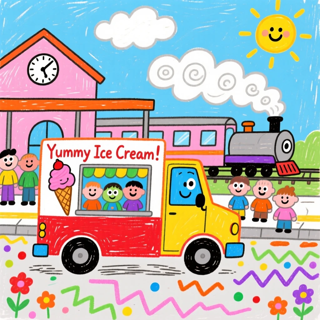 A cheerful ice cream truck loading up at a bustling train station.