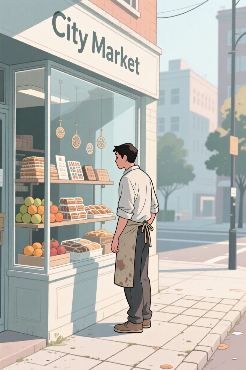A street vendor window shopping on a quiet weekend afternoon in the city.