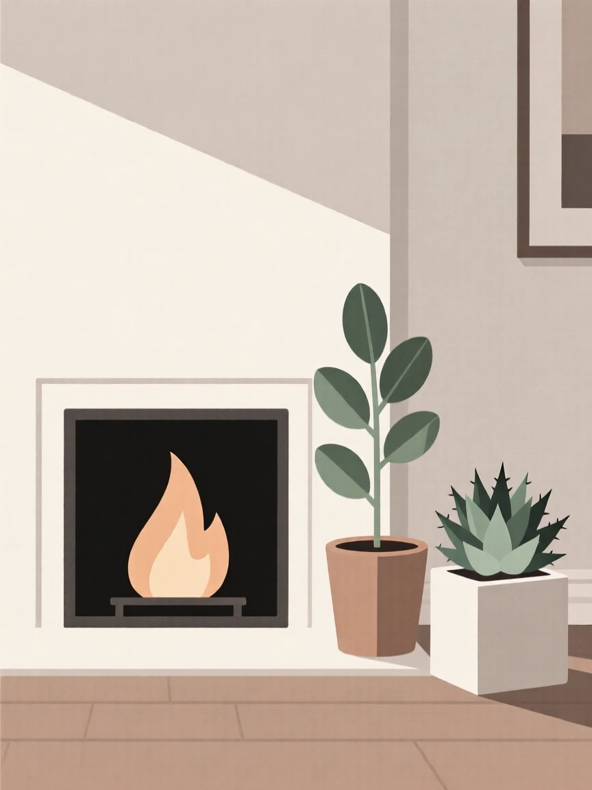 A morning scene of fireplace hearth resting in a modern townhouse beside potted succulents, radiating gentle routine.