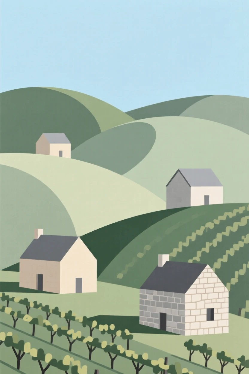 A vineyard region with rolling hills and stone farmhouses