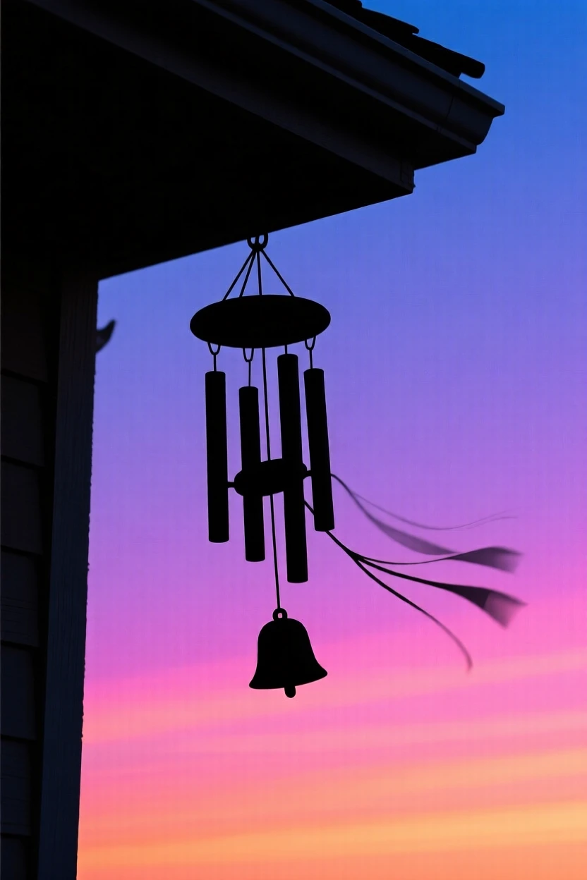 A single set of wind chimes hanging from a porch, caught mid-motion in a breeze.