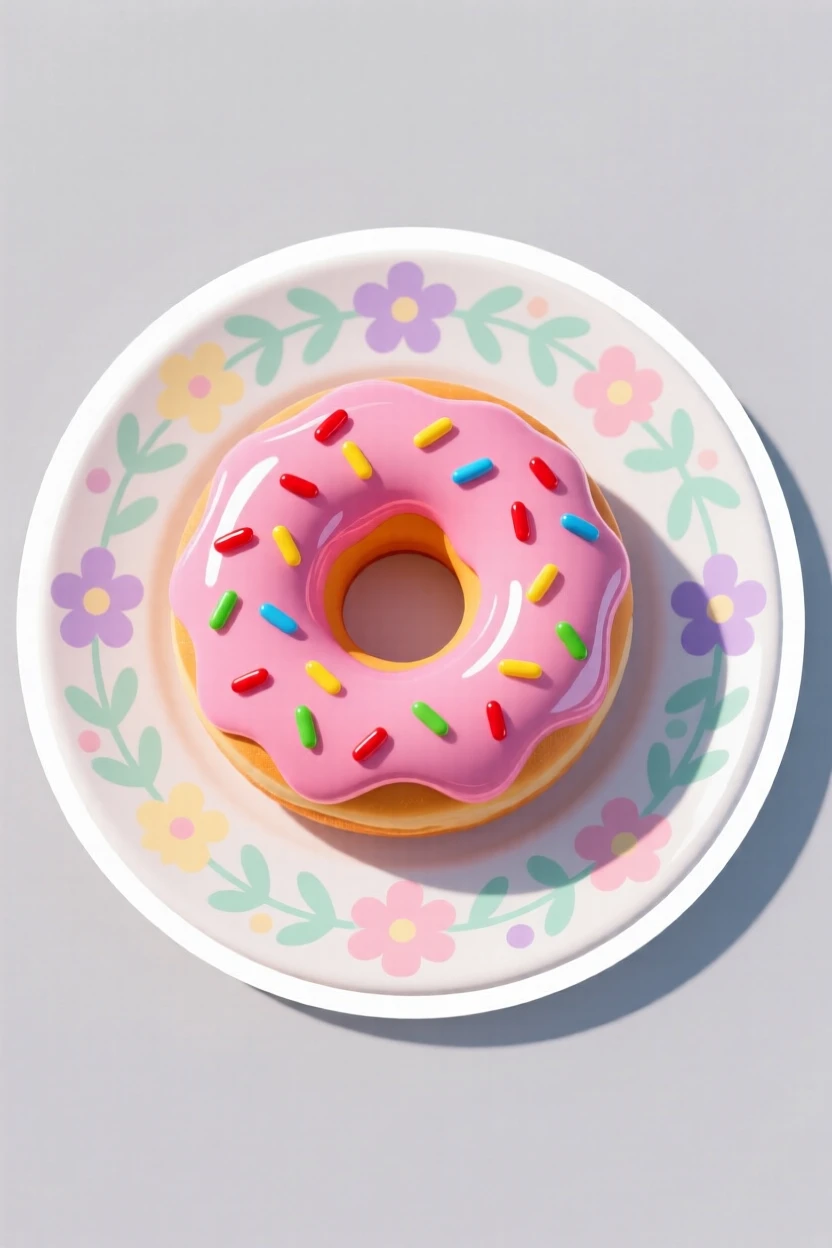 A colorful and vibrant glazed strawberry donut, placed on a floral patterned plate, in a cozy kitchen during breakfast.