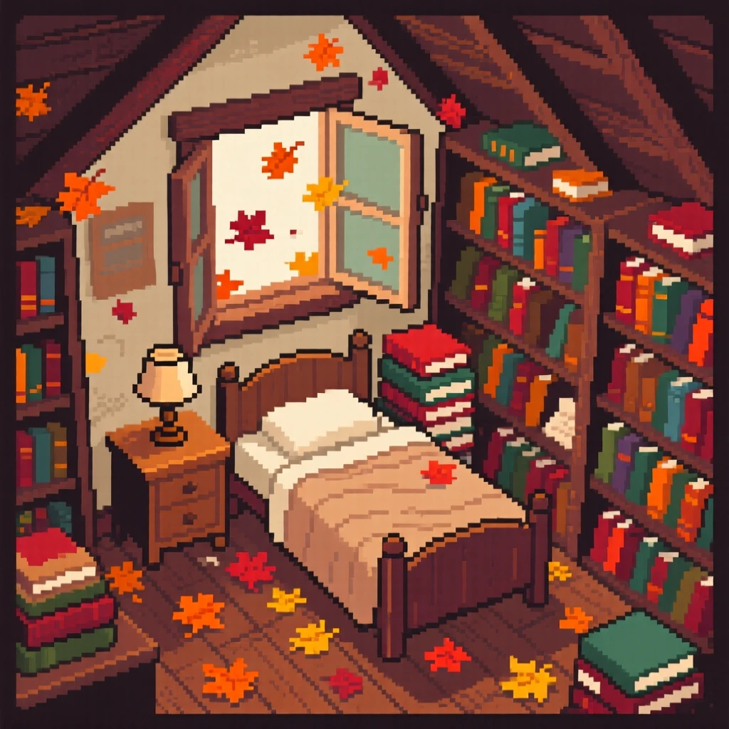 A tiny attic bedroom scattered with autumn leaves blown in from outside, within a cluttered but charming bookshop.