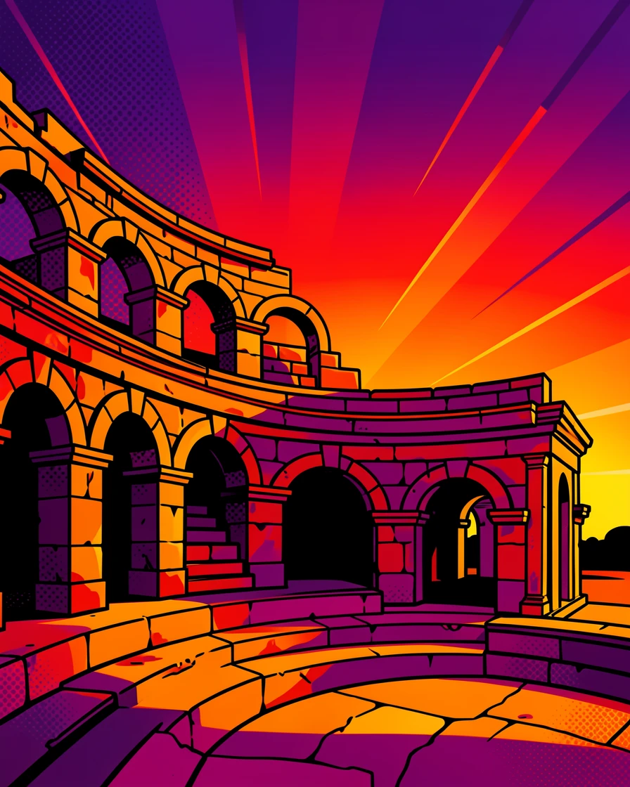 An ancient stone amphitheater bathed in warm evening light
