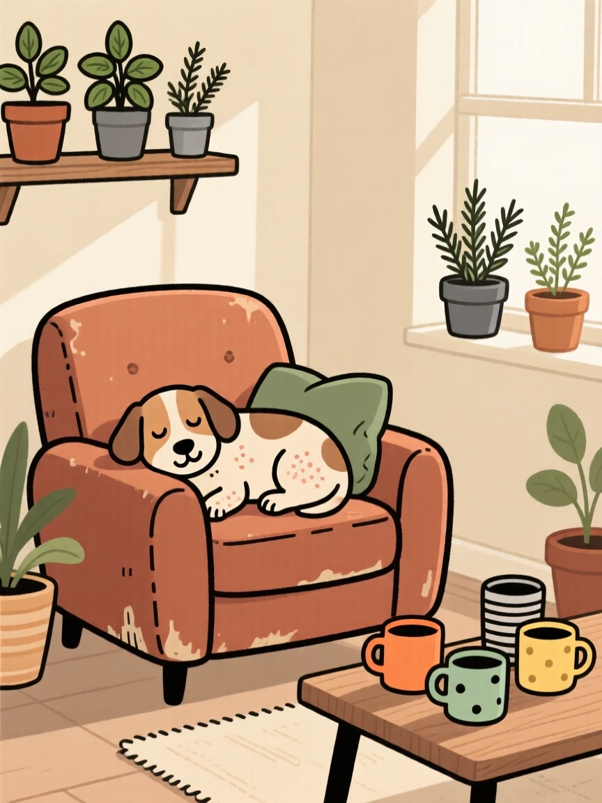 Morning light spills across a cozy living room filled with potted herbs and mismatched mugs, where a old dog naps peacefully on the armchair cushion.