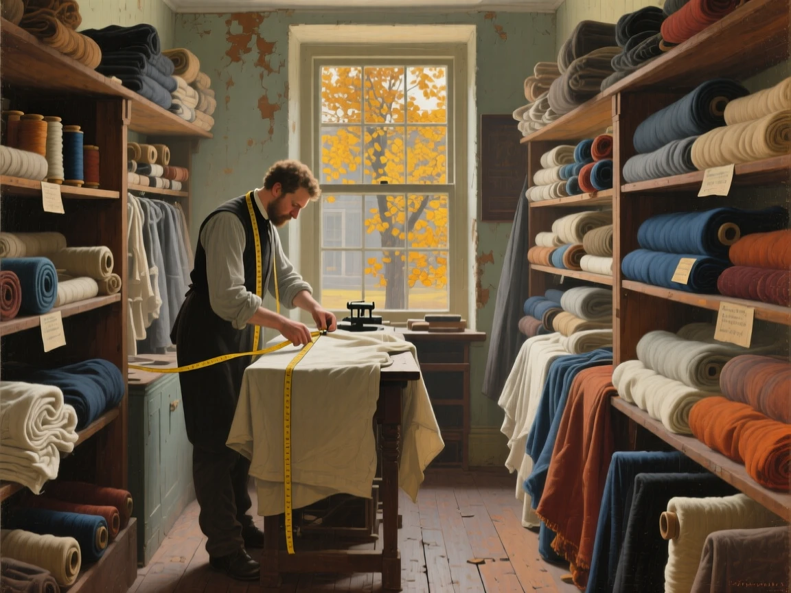 A centered composition of a tailor measuring fabric in a narrow shop filled with bolts of cloth, in early morning light, as autumn leaves turn gold.