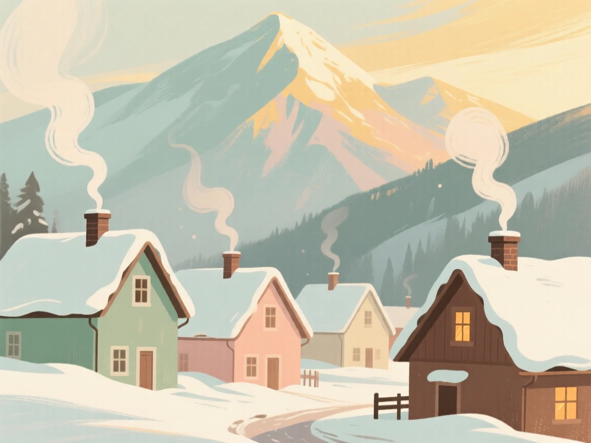 A snow-covered mountain village with smoke rising from every chimney