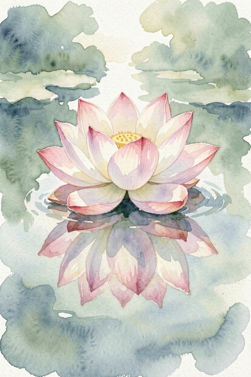 A single lotus flower floating on a still pond with a gentle, restorative stillness.