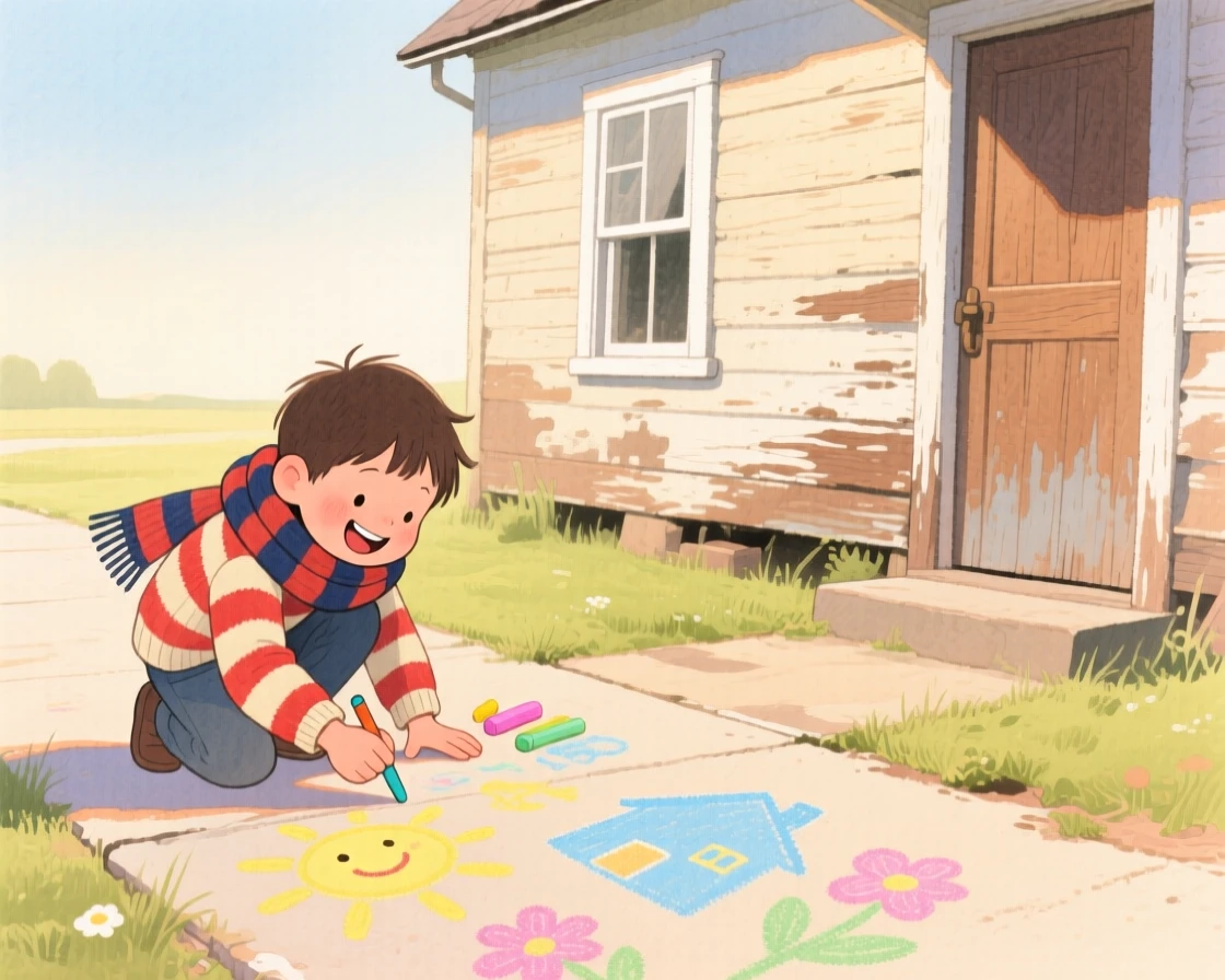 A boy with a striped scarf draws chalk pictures on the sidewalk beside a rustic farmhouse, laughter and joy filling the warm afternoon air