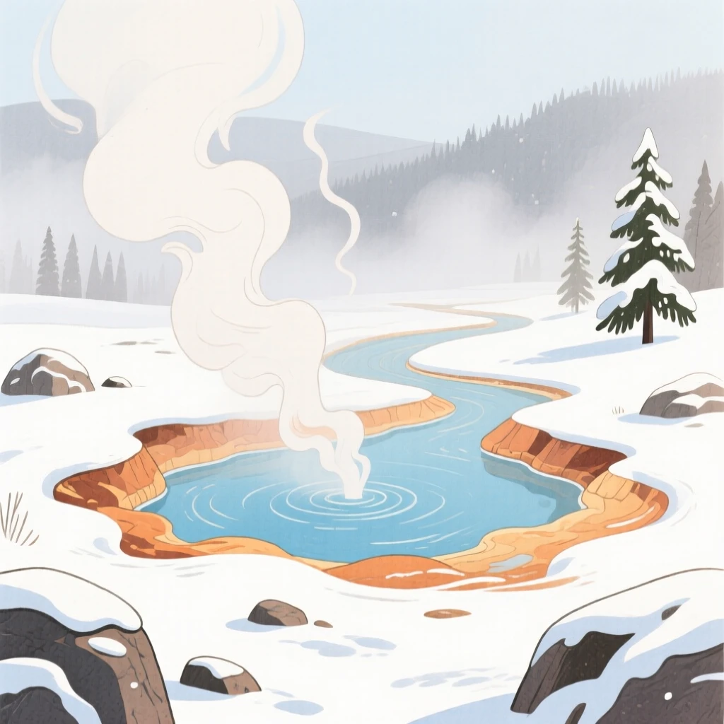 A sweeping view of a hot spring steaming in a snowy landscape under a soft blanket of fog.