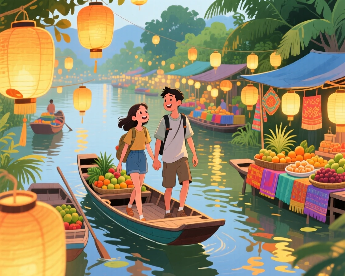 A young couple wanders hand in hand amid the glowing lanterns of a floating market in Vietnam, evoking wanderlust and adventure.